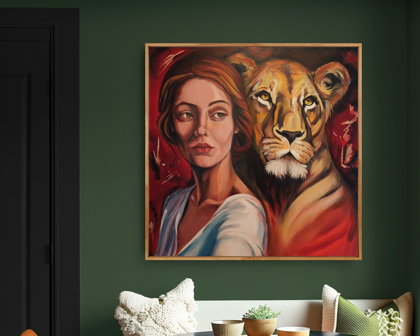 Woman and Lioness look to the right